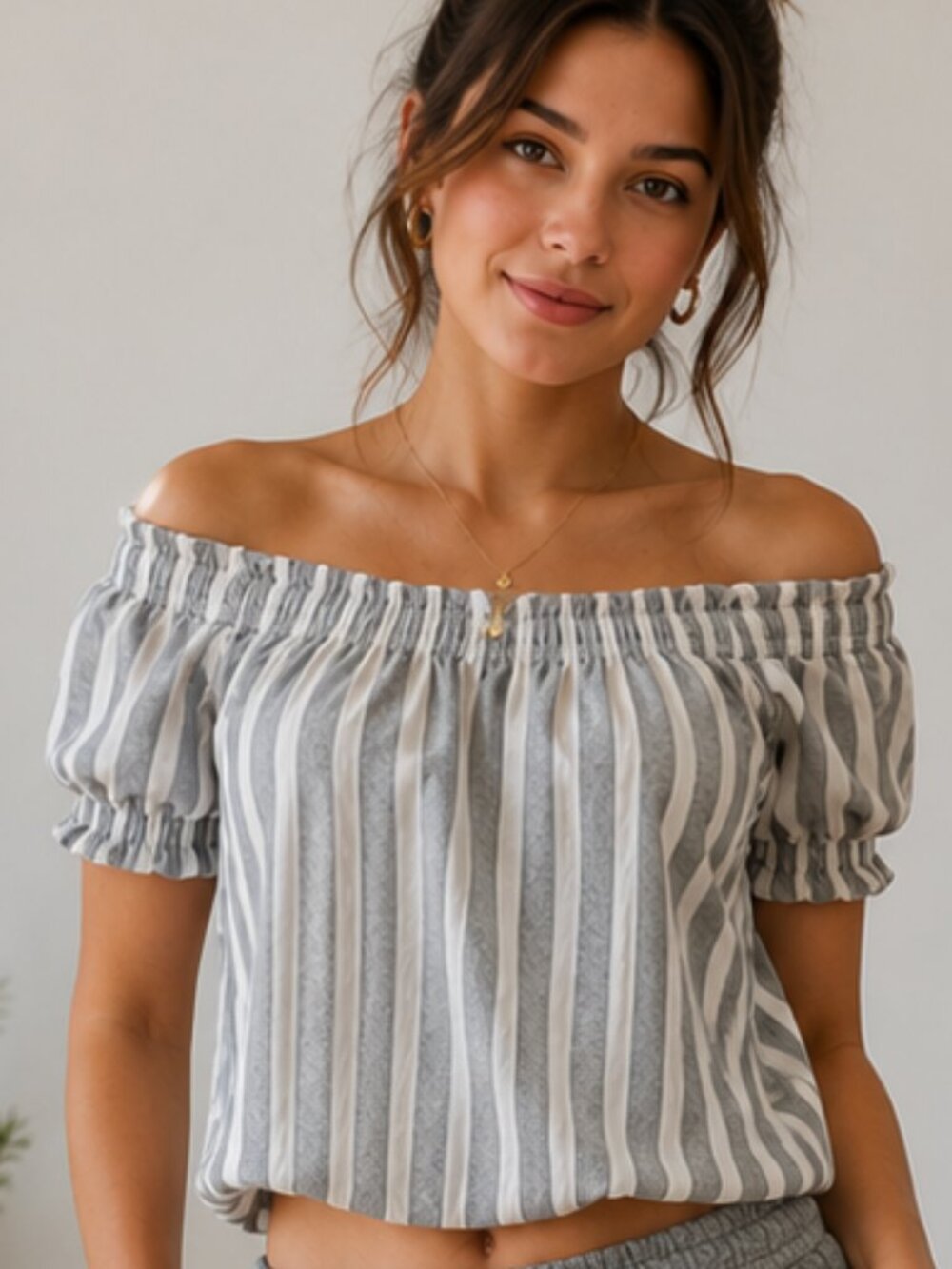 Japna Grey & White Striped Off-the-Shoulder Top Size Medium